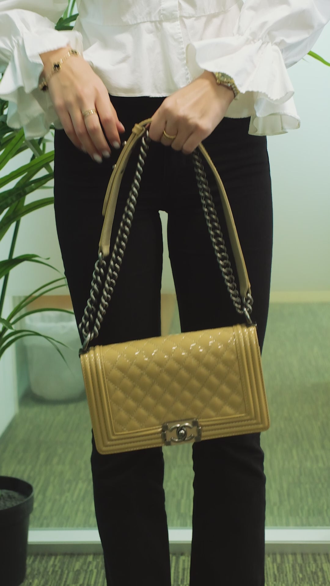 Chanel Medium Boy Bag in Beige Patent Finish (Shiny)