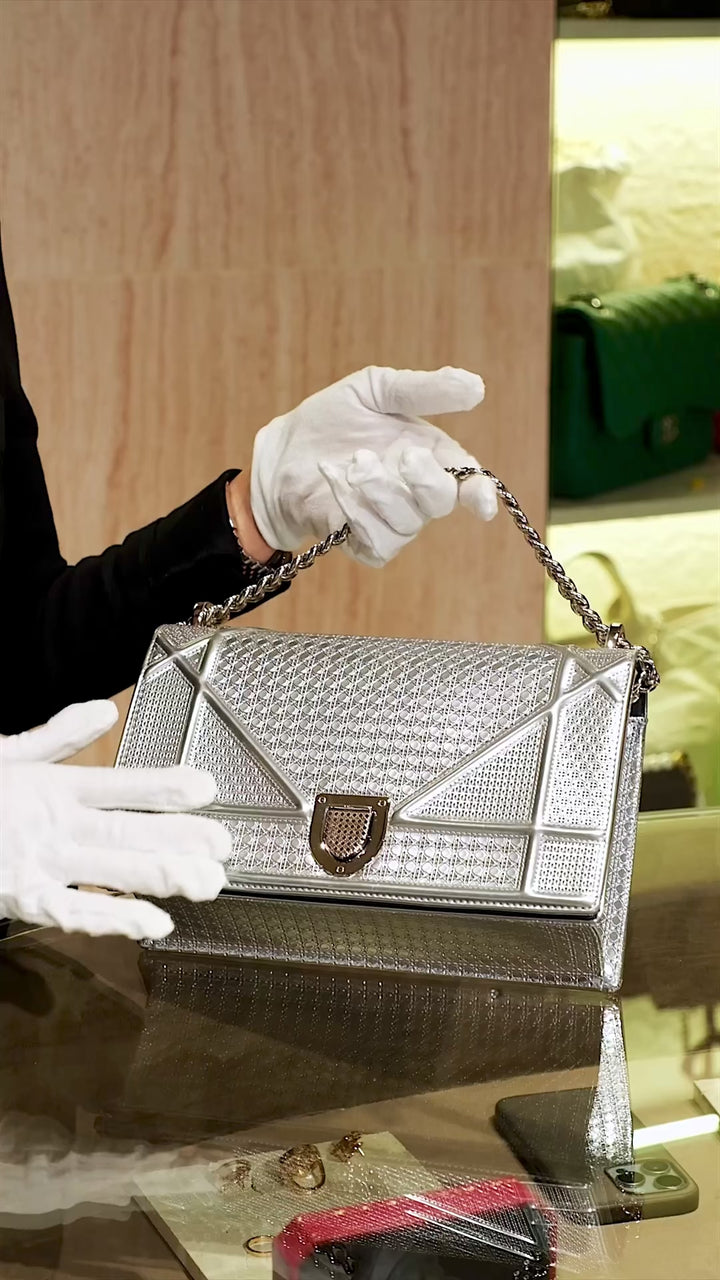 Dior Silver Metallic Leather Medium Diorama Bag