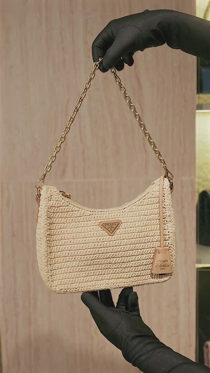 Prada Re Edition 2005 Beige Raffia Shoulder Bag with Gold Tone Hardware