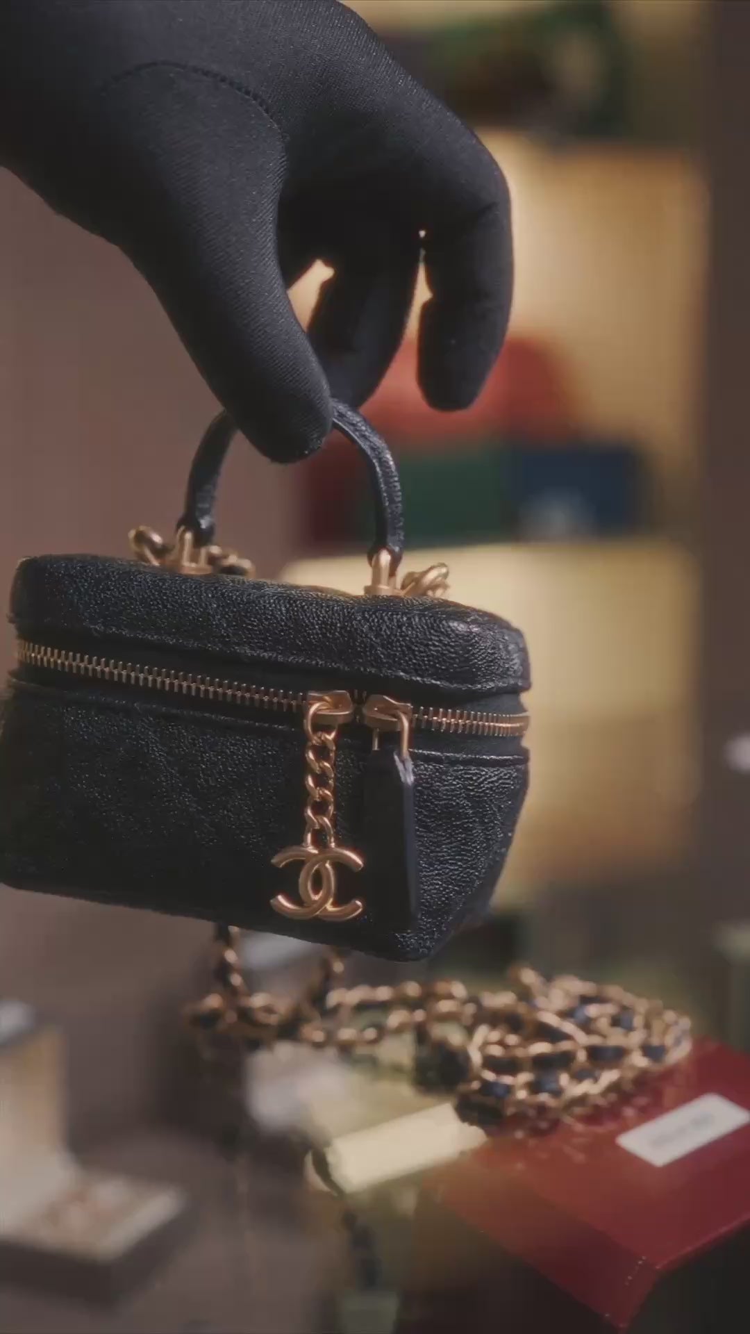 Chanel Mini Vanity Case with Chain in Black Quilted Caviar Leather with Gold Hardware