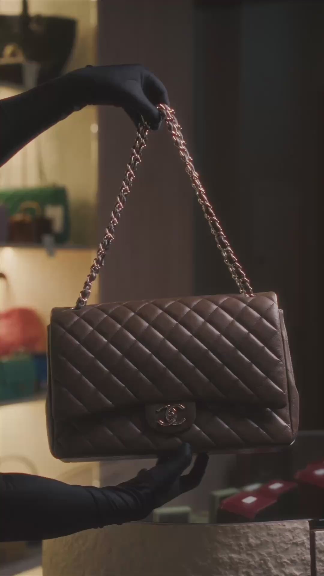 Chanel Double Flap Maxi Bag in Dark Taupe Caviar Leather with Silver Tone Hardware
