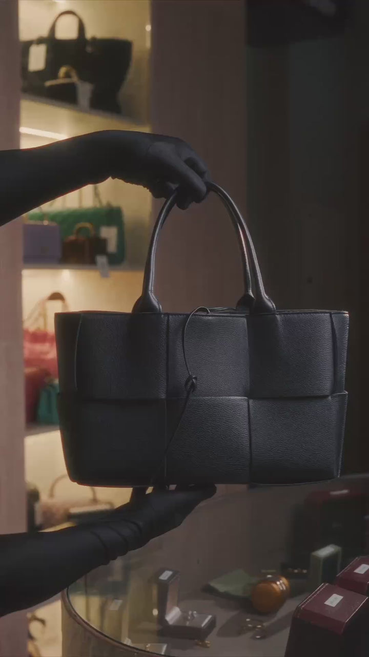 Bottega Veneta Small Arco Tote Bag in Black Intrecciato Leather with Gold Hardware