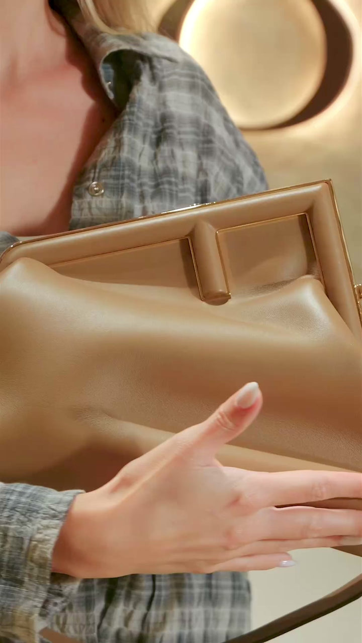 Fendi First Medium Clutch Bag in Beige Leather with Gold-Tone Hardware