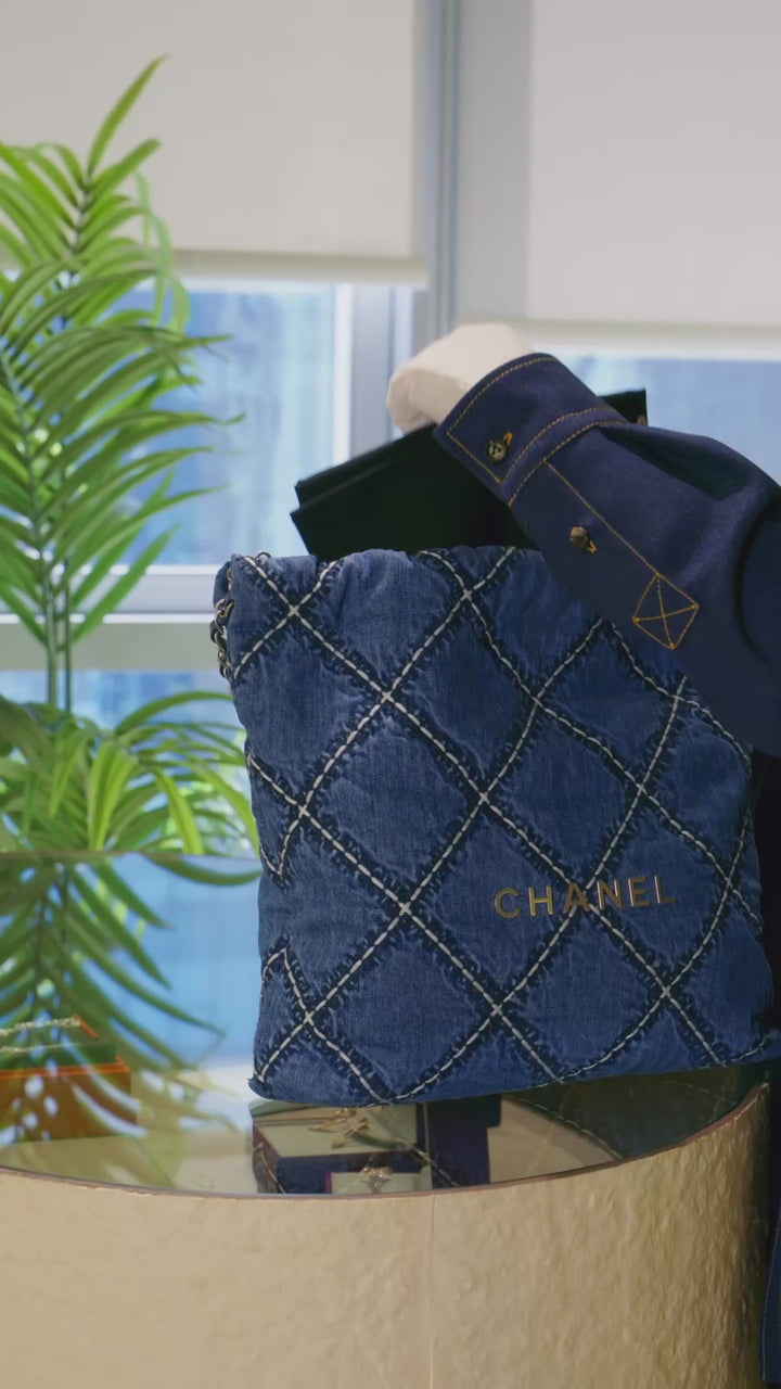 Chanel 22 Small Handbag in Blue Denim