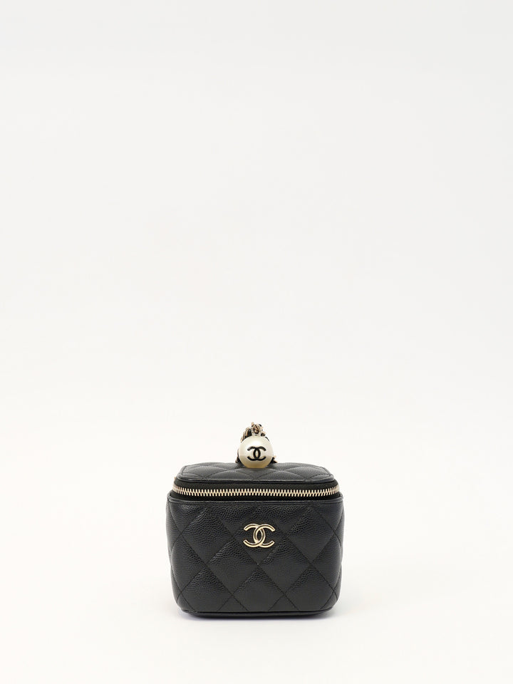 Chanel CC Pearl Mini Vanity Case Black Quilted Caviar Leather with Faux Pearl & Leather Top Handle and Gold-Tone Hardware