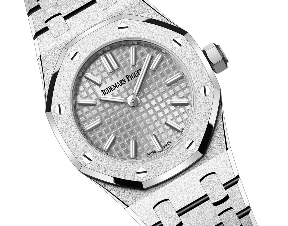 Audemars Piguet Royal Oak Mini Frosted Gold Quartz 23mm in 18K White Gold with Petite Tapisserie Dial - Gemaee  UAE