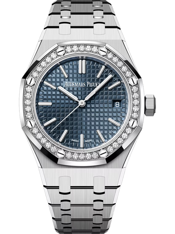 Audemars Piguet Royal Oak Selfwinding 37mm in Stainless Steel with Diamond-Set Bezel and Blue Grande Tapisserie Dial - Gemaee  UAE