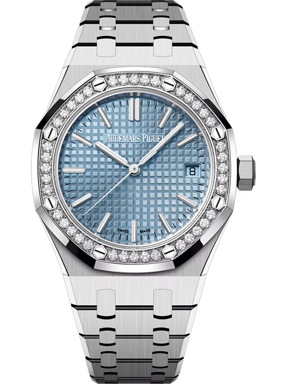Audemars Piguet Royal Oak Selfwinding 37mm in Stainless Steel with Diamond-Set Bezel and Light Blue Grande Tapisserie Dial - Gemaee  UAE