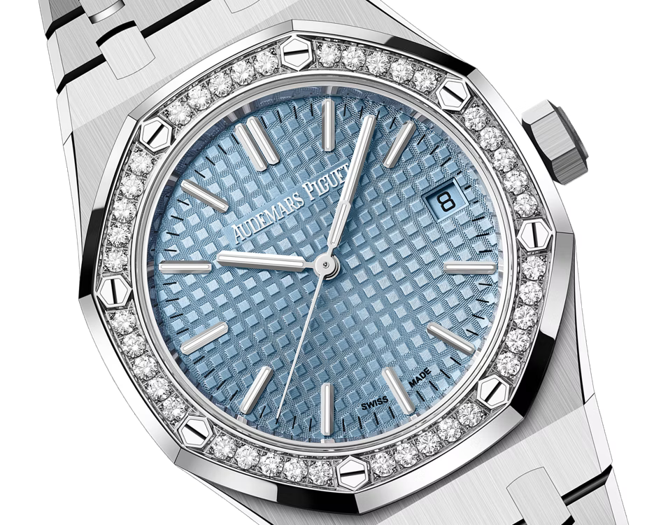Audemars Piguet Royal Oak Selfwinding 37mm in Stainless Steel with Diamond-Set Bezel and Light Blue Grande Tapisserie Dial - Gemaee  UAE