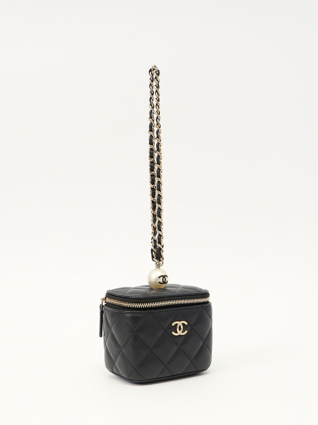 Chanel CC Pearl Mini Vanity Case Black Quilted Caviar Leather with Faux Pearl & Leather Top Handle and Gold-Tone Hardware