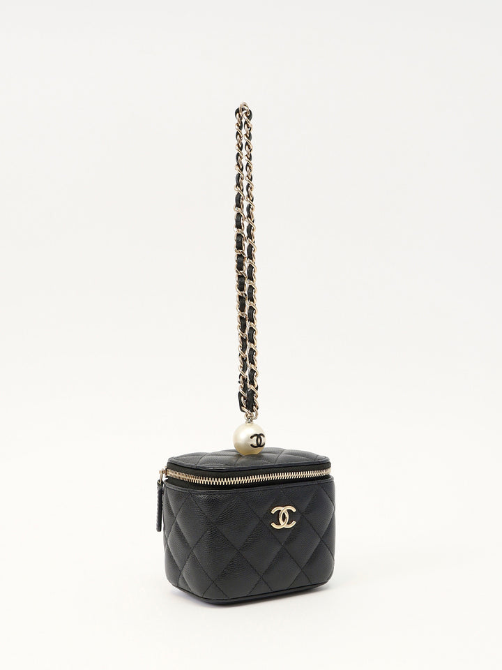 Chanel CC Pearl Mini Vanity Case Black Quilted Caviar Leather with Faux Pearl & Leather Top Handle and Gold-Tone Hardware