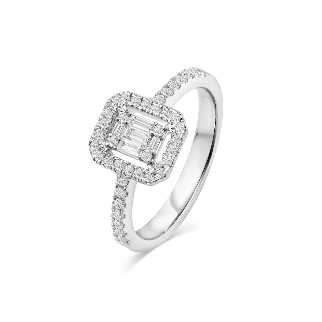 18K White Gold Diamond Emerald Cut Ring - Gemaee UAE