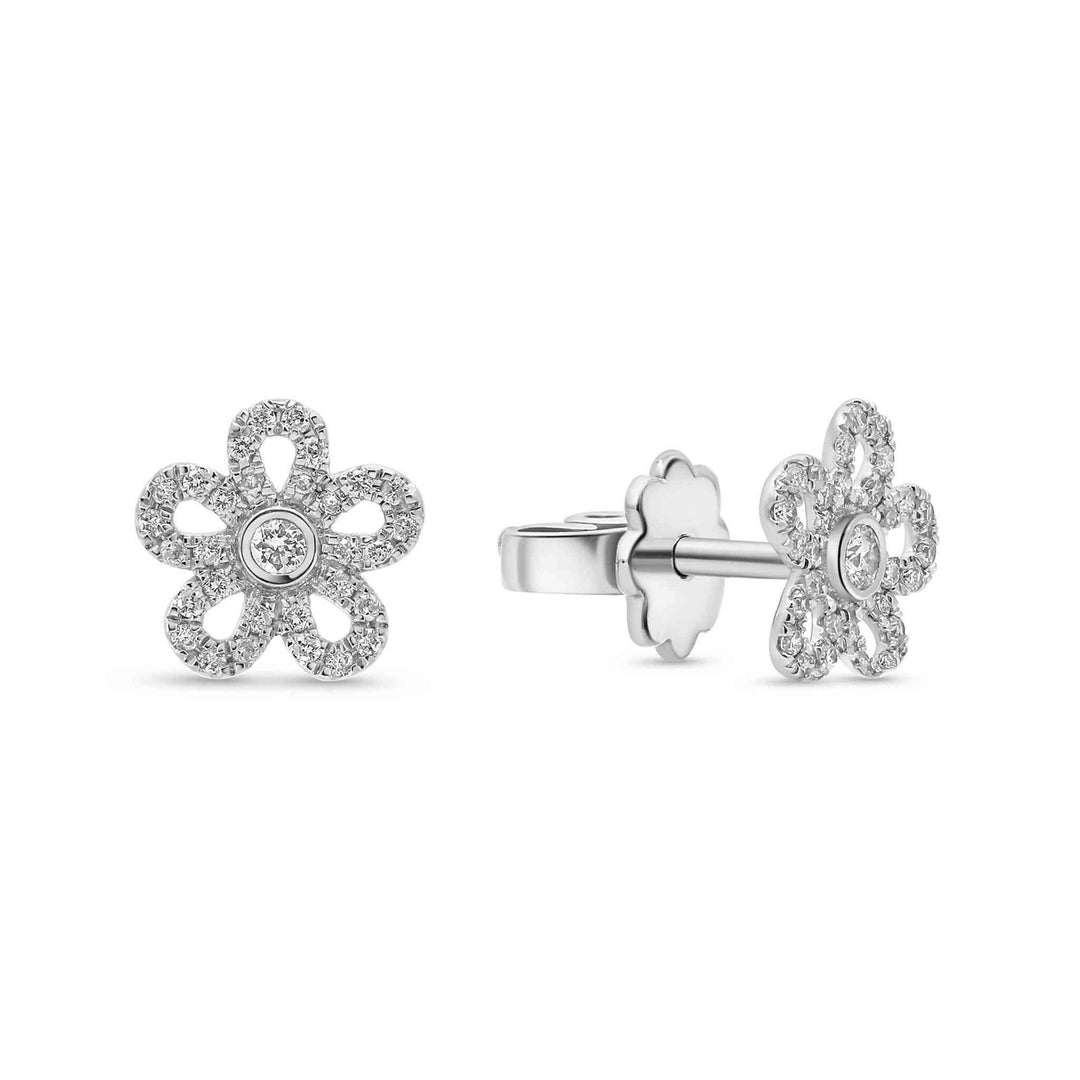 18K White Gold Diamond Five Petaled Earrings - Gemaee UAE