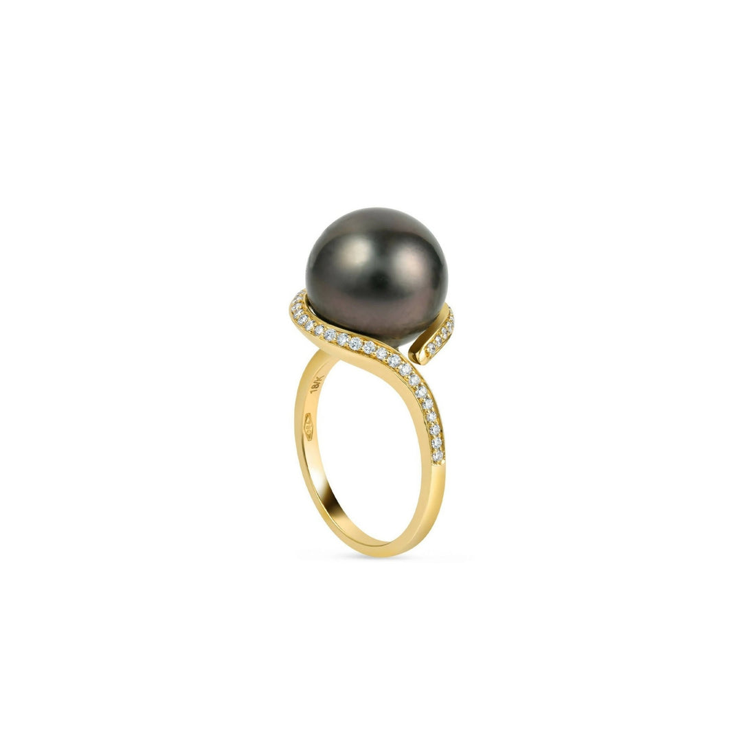 18K Yellow Gold Diamond and Tahitian Pearl Ring - Gemaee UAE