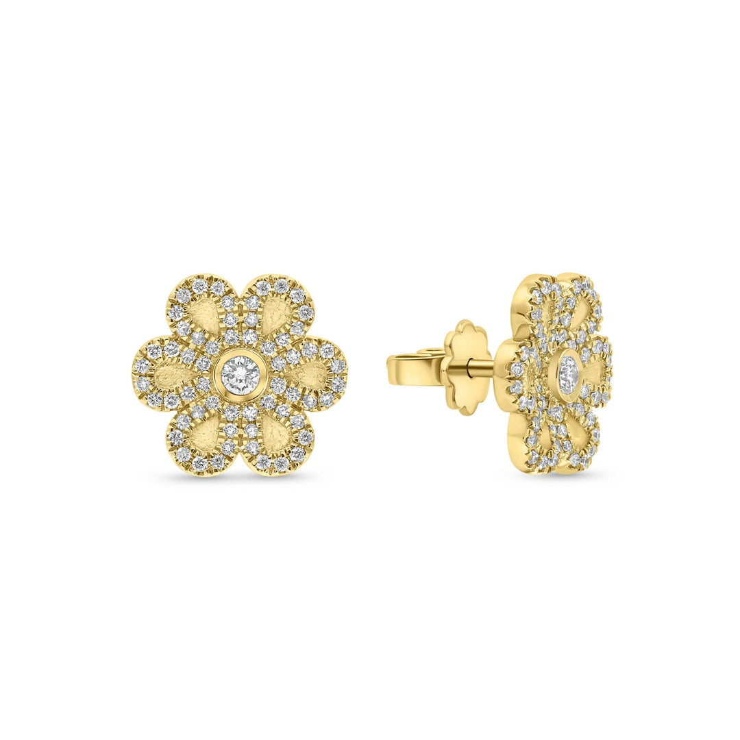 18K Yellow Gold Diamond Six Petaled Earrings - Gemaee UAE