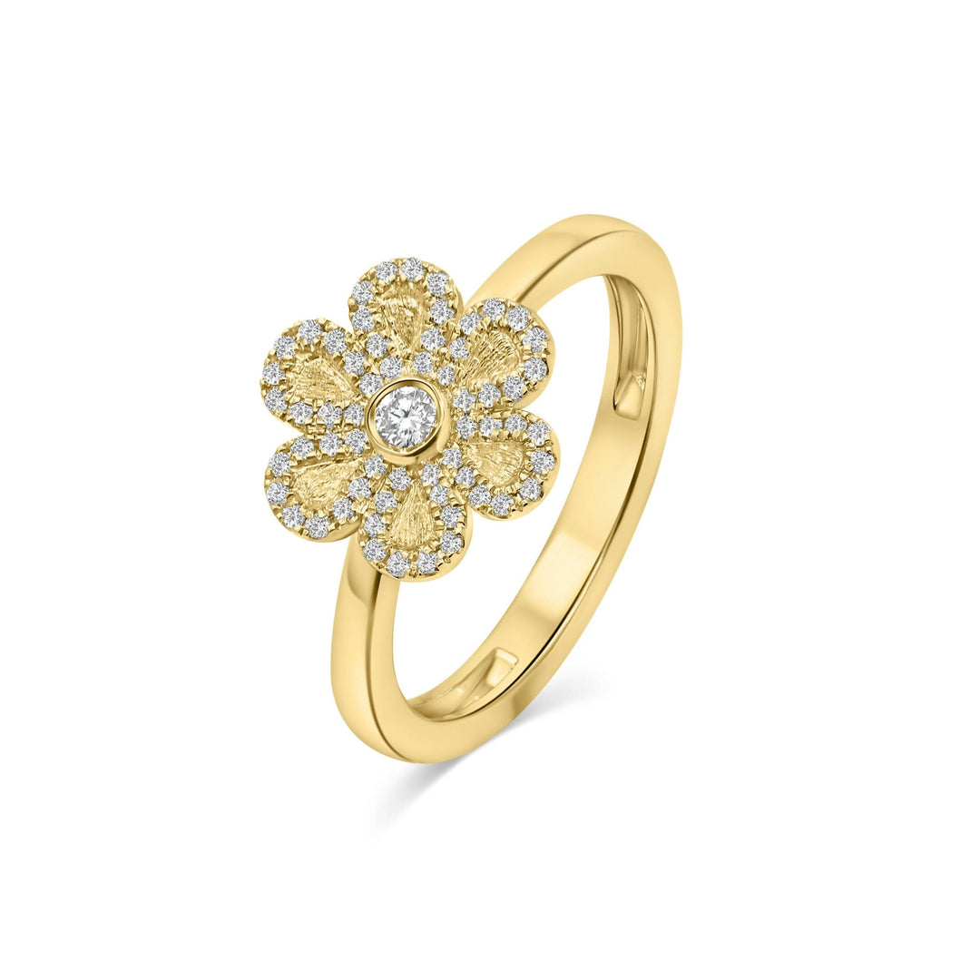 18K Yellow Gold Diamond Six Petaled Ring - Gemaee UAE