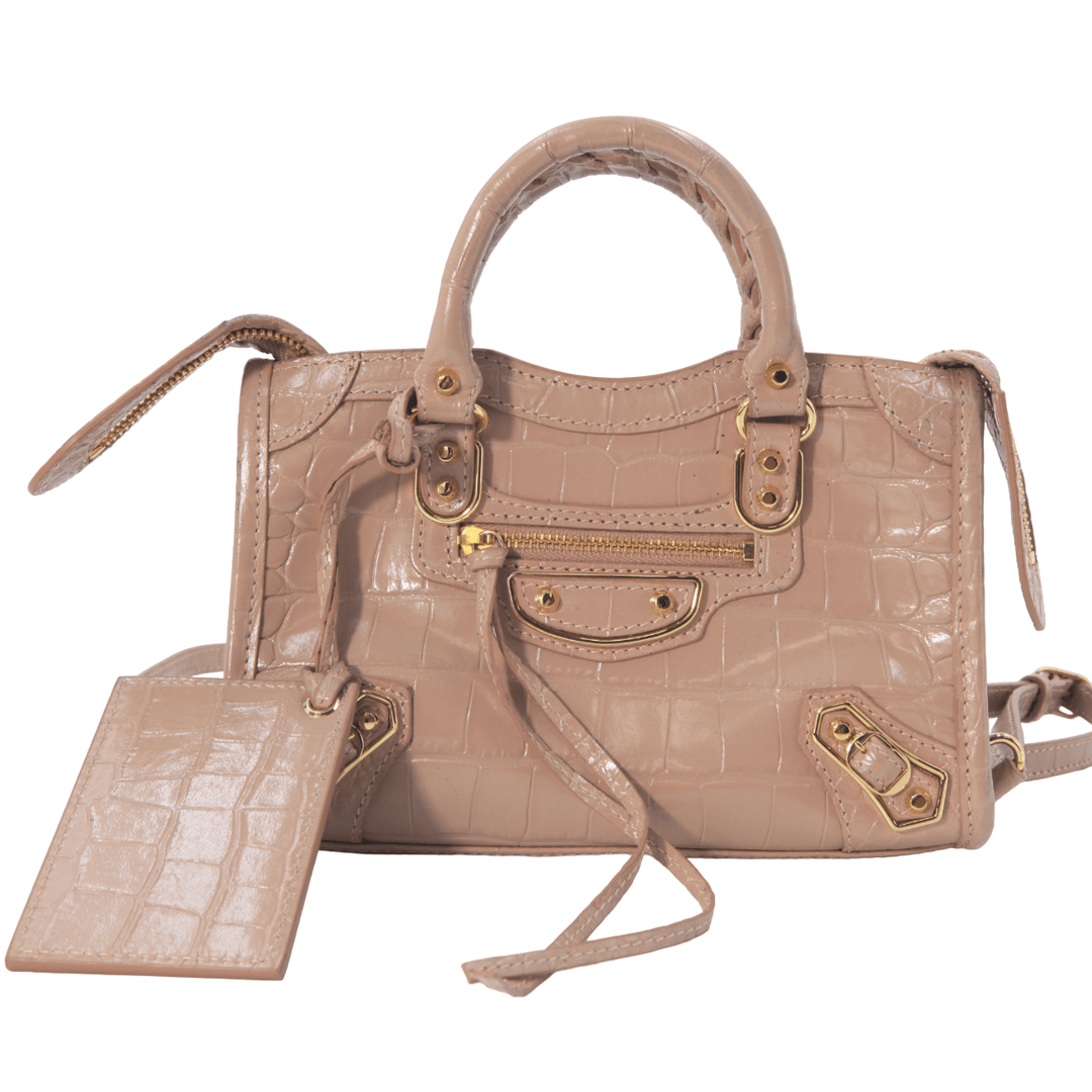 Balenciaga Mini Metallic Edge Shoulder Bag in Shiny Crocodile-Embossed Leather - Gemaee UAE