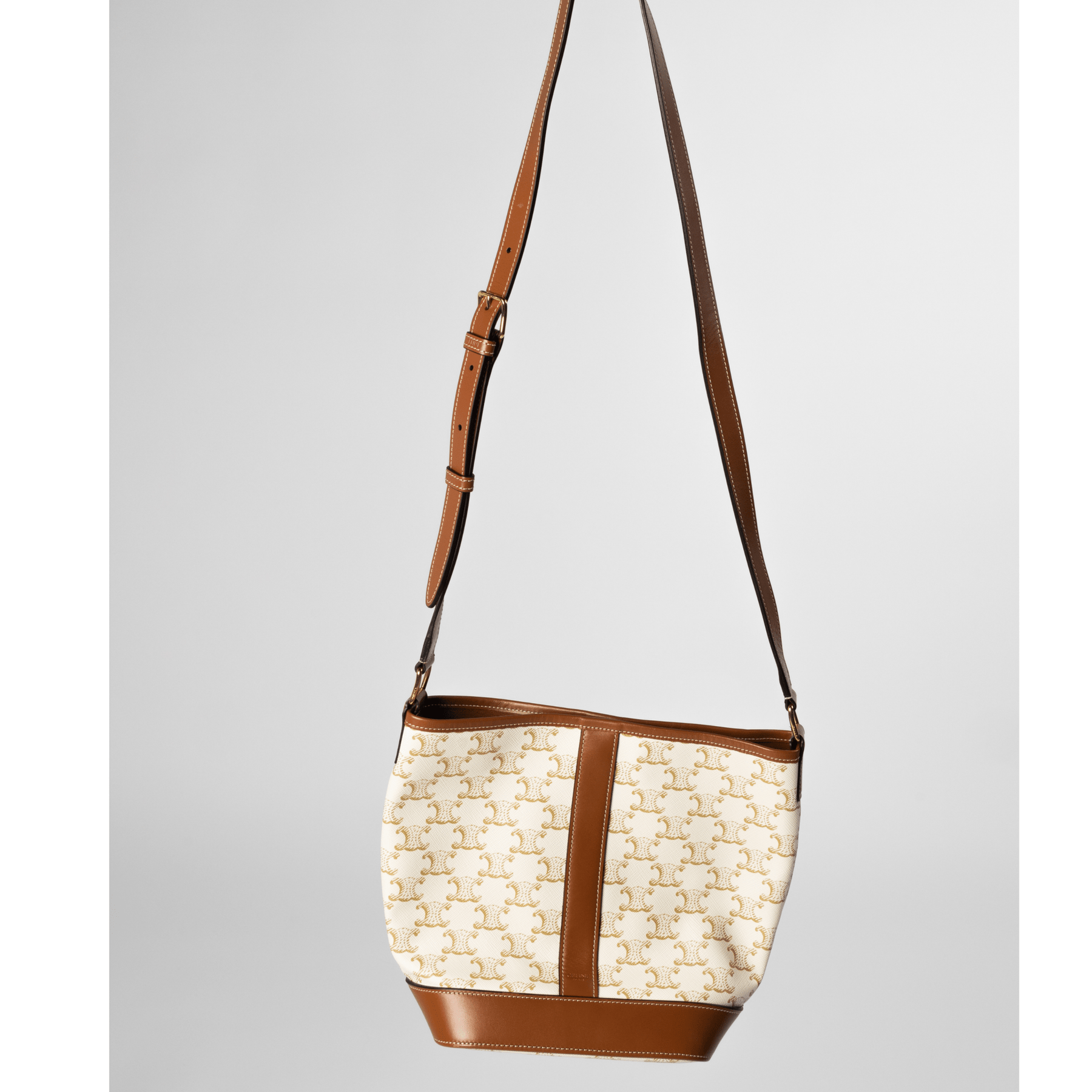 Céline Small Bucket in White Triomphe Canvas and Calfskin Tan