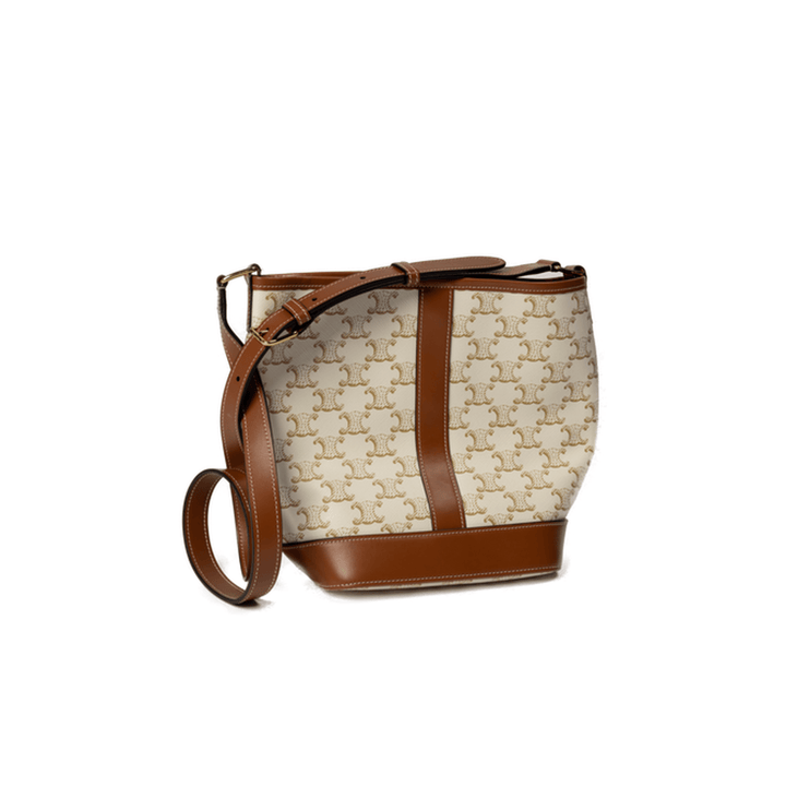 Céline Small Bucket in White Triomphe Canvas and Calfskin Tan - Gemaee UAE