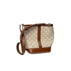 Céline Small Bucket in White Triomphe Canvas and Calfskin Tan Bag