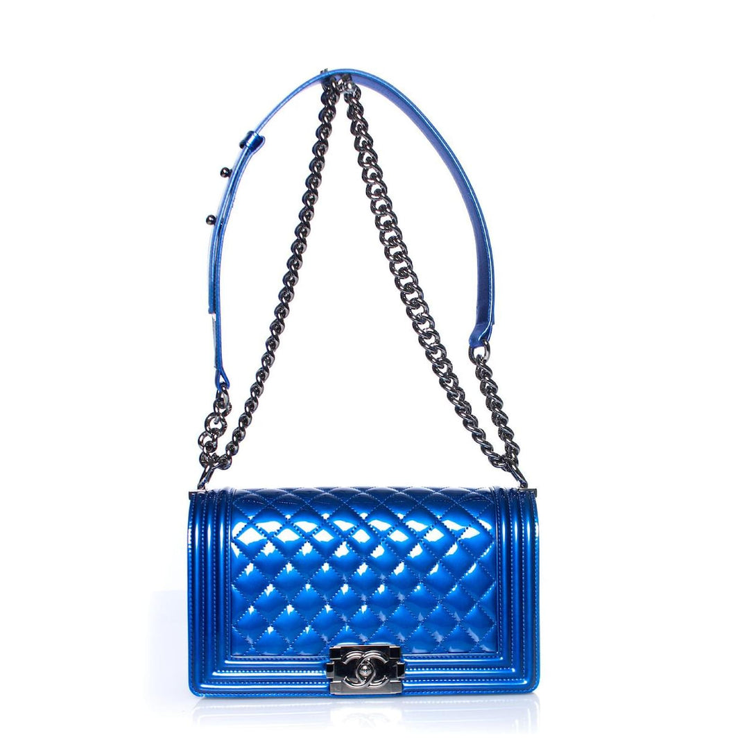 Chanel Boy blue patent shoulder bag - Gemaee UAE