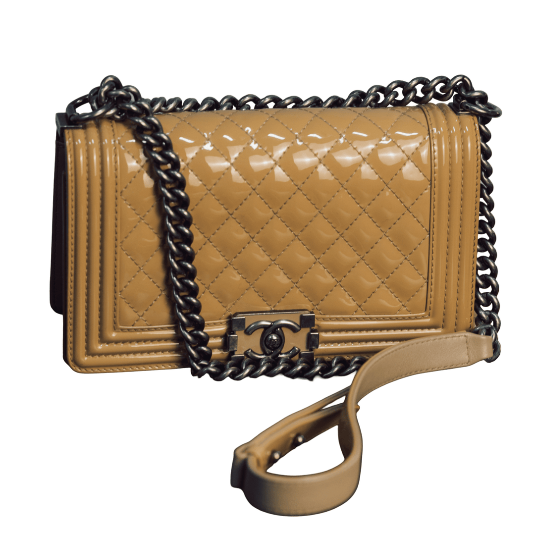 Chanel Medium Boy Bag in Beige Patent Finish (Shiny) - Gemaee UAE