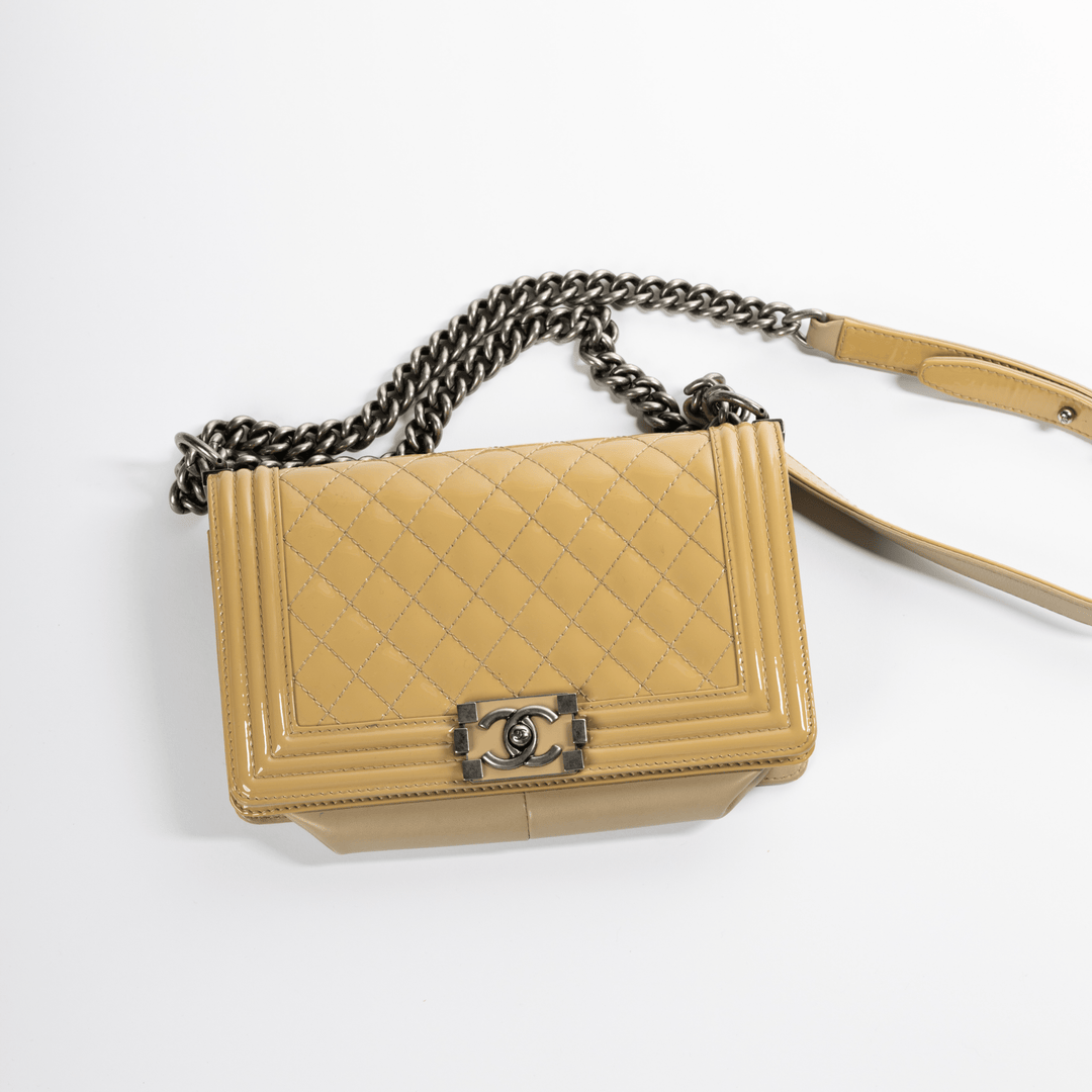 Chanel Medium Boy Bag in Beige Patent Finish Shiny Gemaee UAE
