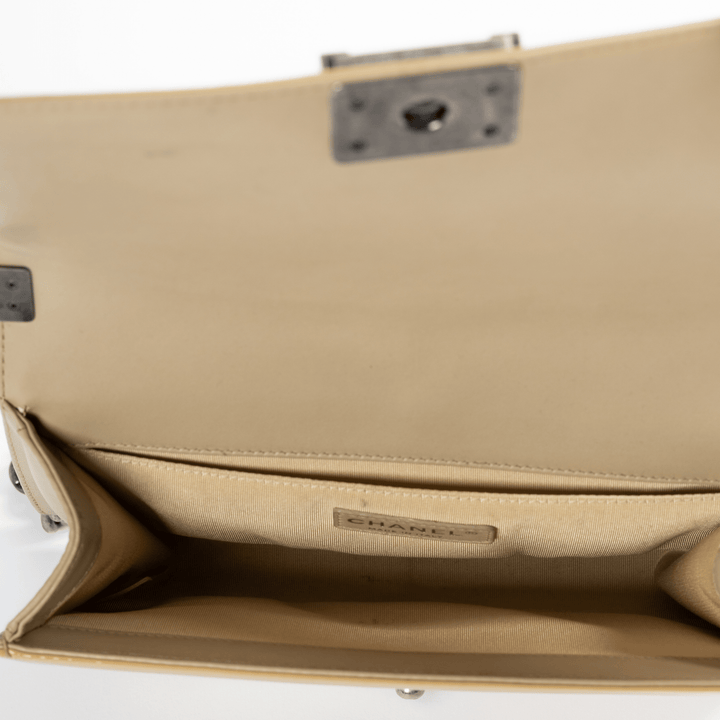 Chanel Medium Boy Bag in Beige Patent Finish (Shiny) - Gemaee UAE