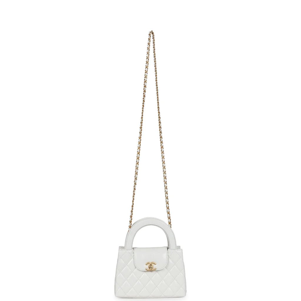 Chanel Small Kelly Shopper White Shiny Aged Bag Calfskin Brushed Gold Hardware - Gemaee UAE