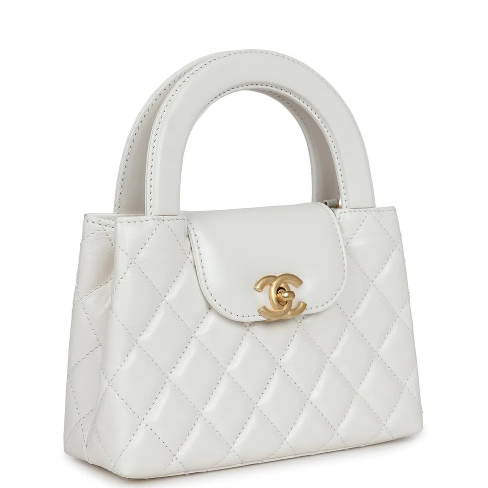 Chanel Small Kelly Shopper White Shiny Aged Bag Calfskin Brushed Gold Hardware - Gemaee UAE