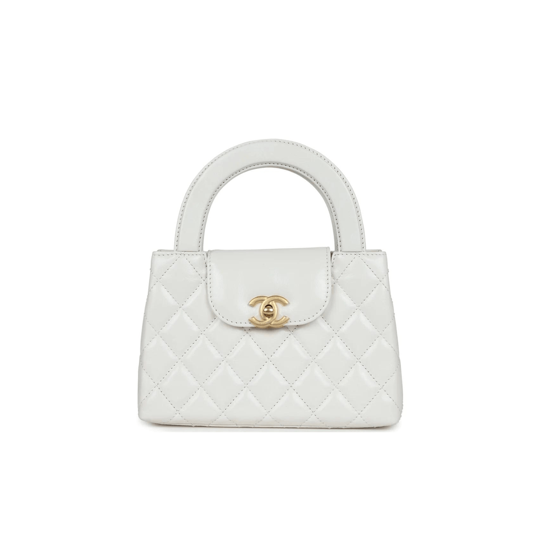 Chanel Small Kelly Shopper White Shiny Aged Bag Calfskin Brushed