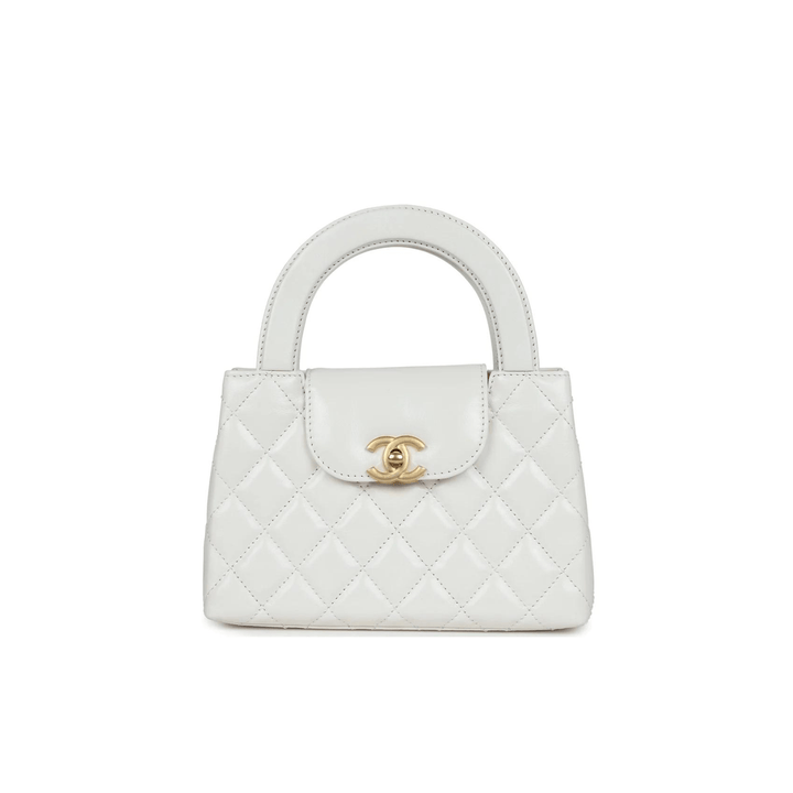 Chanel Small Kelly Shopper White Shiny Aged Bag Calfskin Brushed Gold Hardware - Gemaee UAE