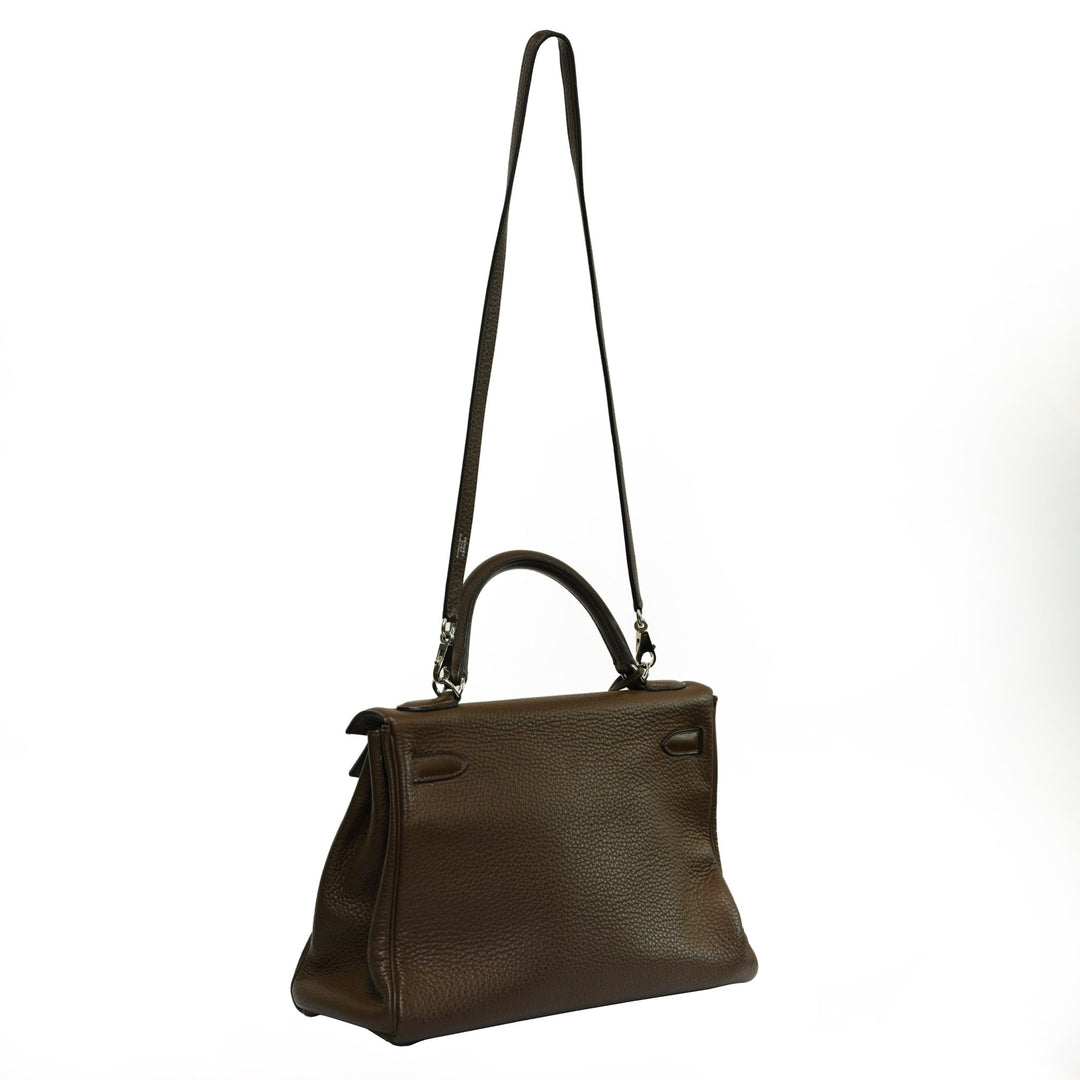 Hermès Kelly 32 Clemence in Coffee color with palladium hardware - Gemaee UAE