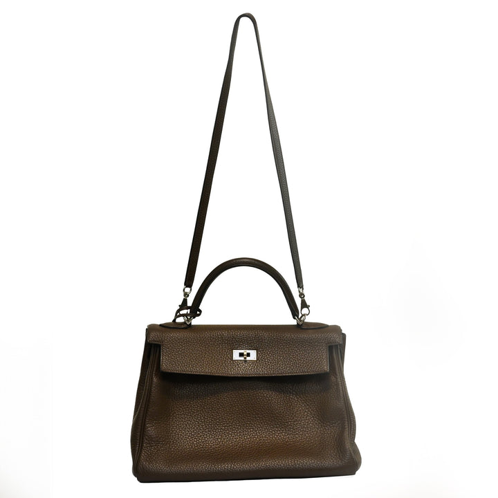 Hermès Kelly 32 Clemence in Coffee color with palladium hardware - Gemaee UAE