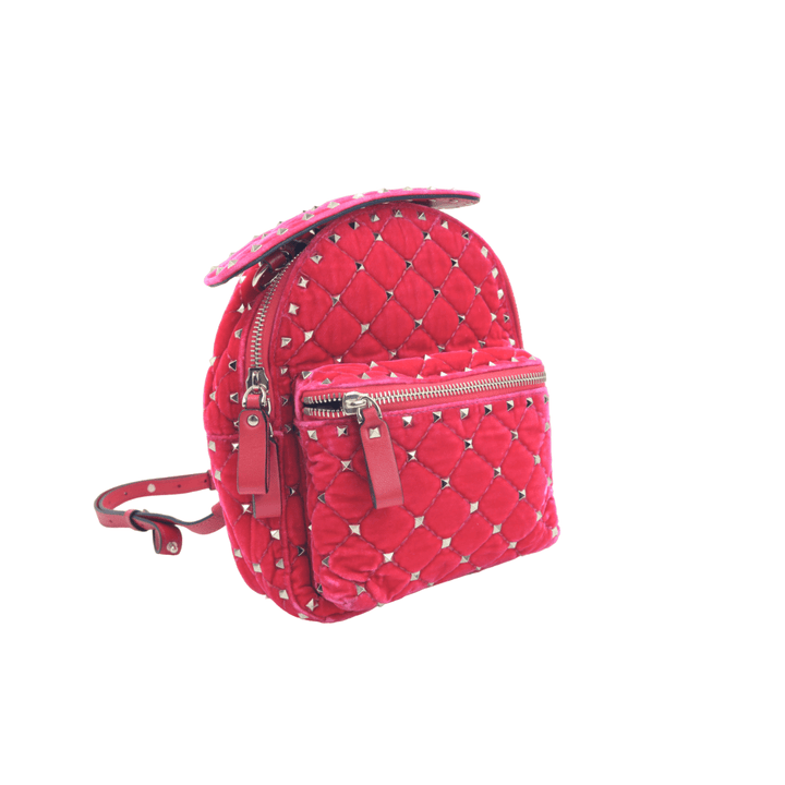 Valentino Garavani Hot Pink Spike Mini Velvet Backpack - Gemaee UAE